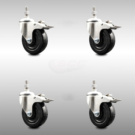 Service Caster 4 Inch 316SS Hard Rubber Wheel Swivel 1/2 Inch Threaded Stem Caster Set Lock Brake SCC-SS316TSTTL20S414-HRS-121315-4